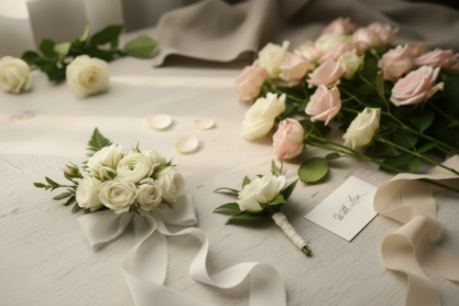 Handcrafted corsages, boutonniere, and bouquet with soft florals and ribbon, perfect for prom flowers and special occasions.